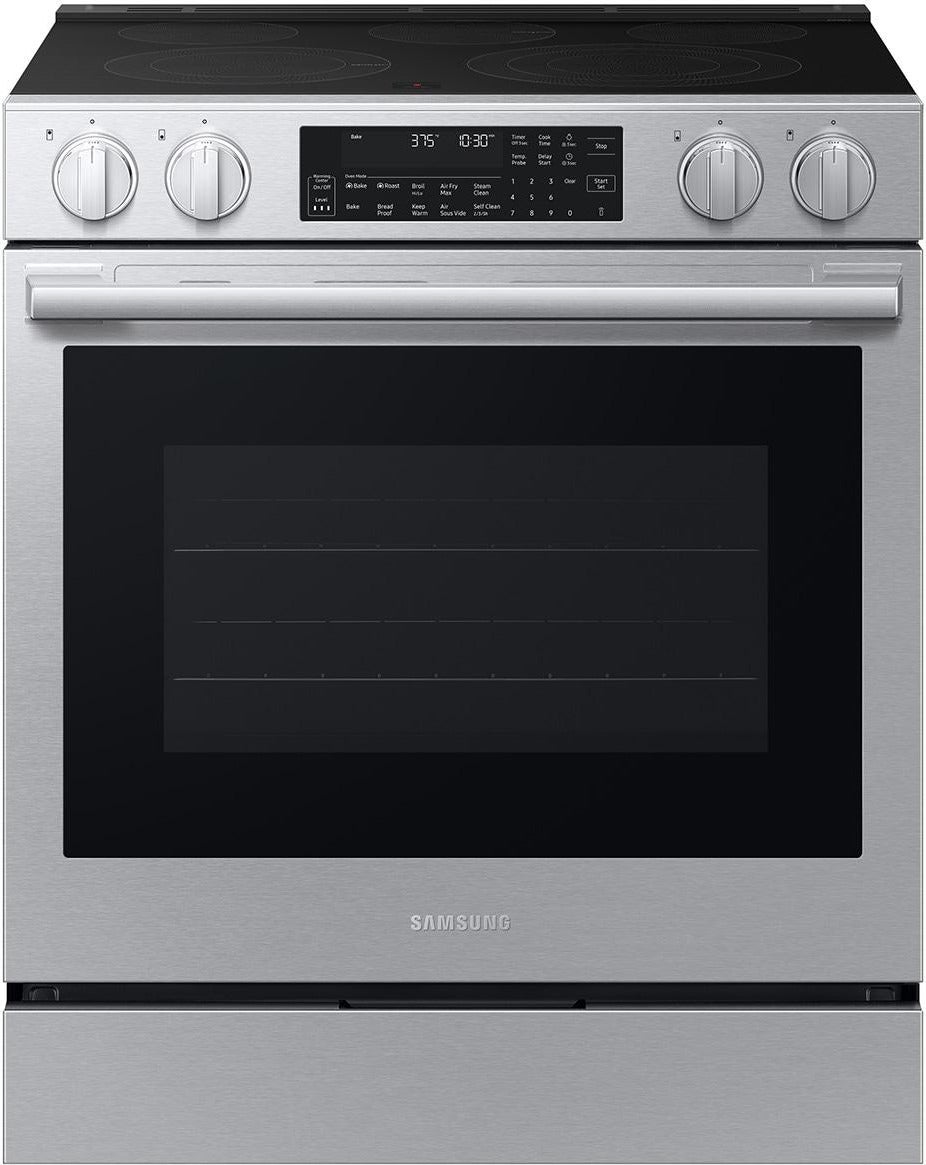 Samsung 30 Inch Slide-In Electric Smart Range with 5 Elements, 6.3 cu. ft. True Convection Oven, Express Boil?, Storage Drawer, No-Preheat Air Fry Max, Self & Steam Clean, ADA Compliant, and Energy Star?: Stainless Steel