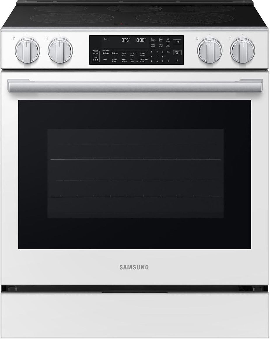 Samsung 30 Inch Slide-In Electric Smart Range with 5 Elements, 6.3 cu. ft. True Convection Oven, Express Boil?, Storage Drawer, No-Preheat Air Fry Max, Self & Steam Clean, ADA Compliant, and Energy Star?: White Glass