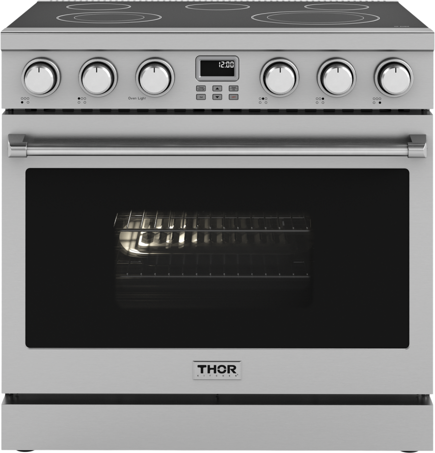 Thor ARE Series 36 Inch Freestanding Professional Electric Range with 5 Elements, 6 cu. ft. Oven Capacity, Black Glass Top, LED Display Screen, and Convection Fan: Stainless Steel