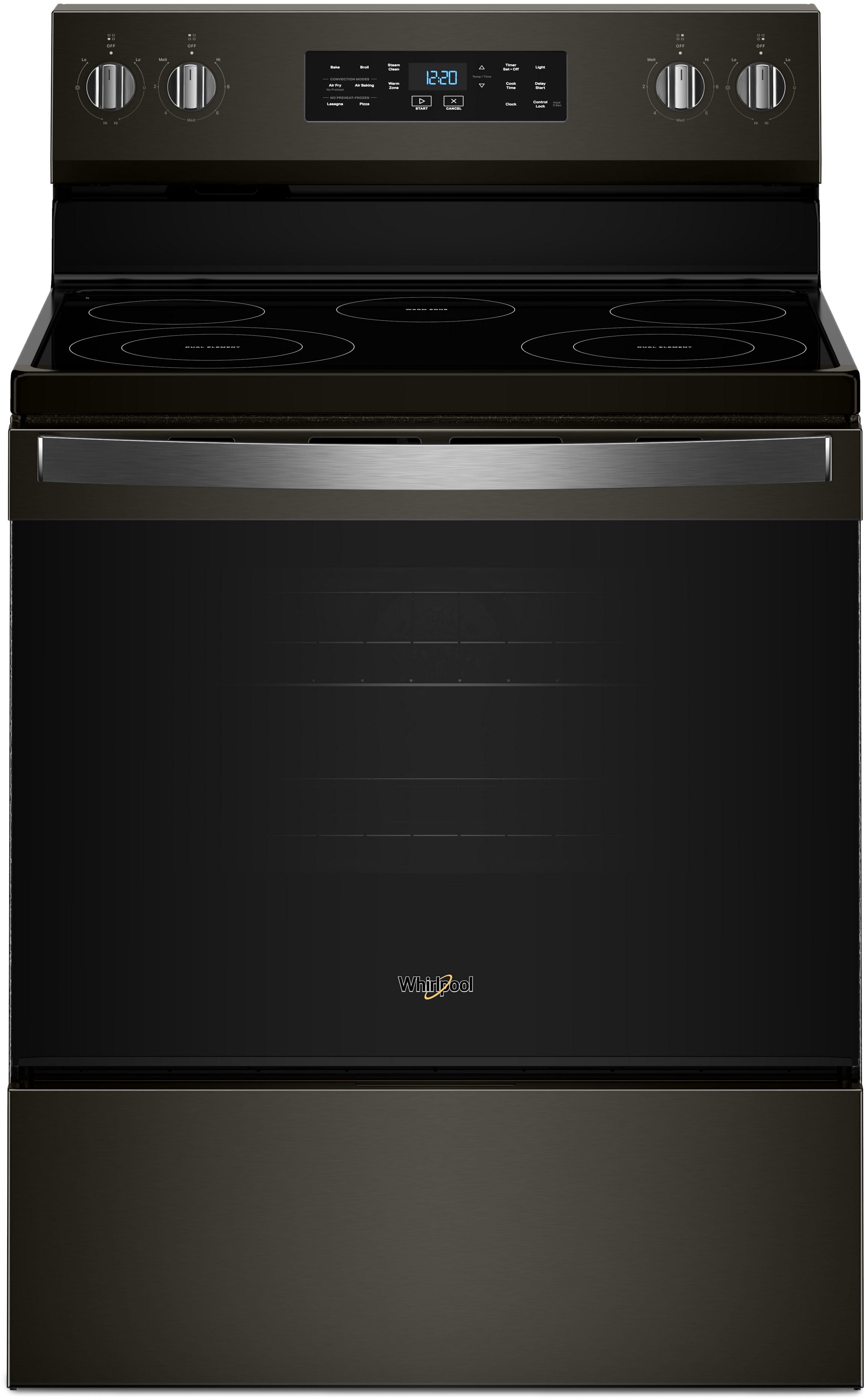 Whirlpool 30 Inch Freestanding Electric Range with 5 Radiant Elements, 5.3 cu. ft. Convection Oven, FlexHeat™ Dual Elements, Storage Drawer, Air Cooking, Steam Clean, ENERGY STAR®, and Star K: Fingerprint-Resistant Black Stainless Steel