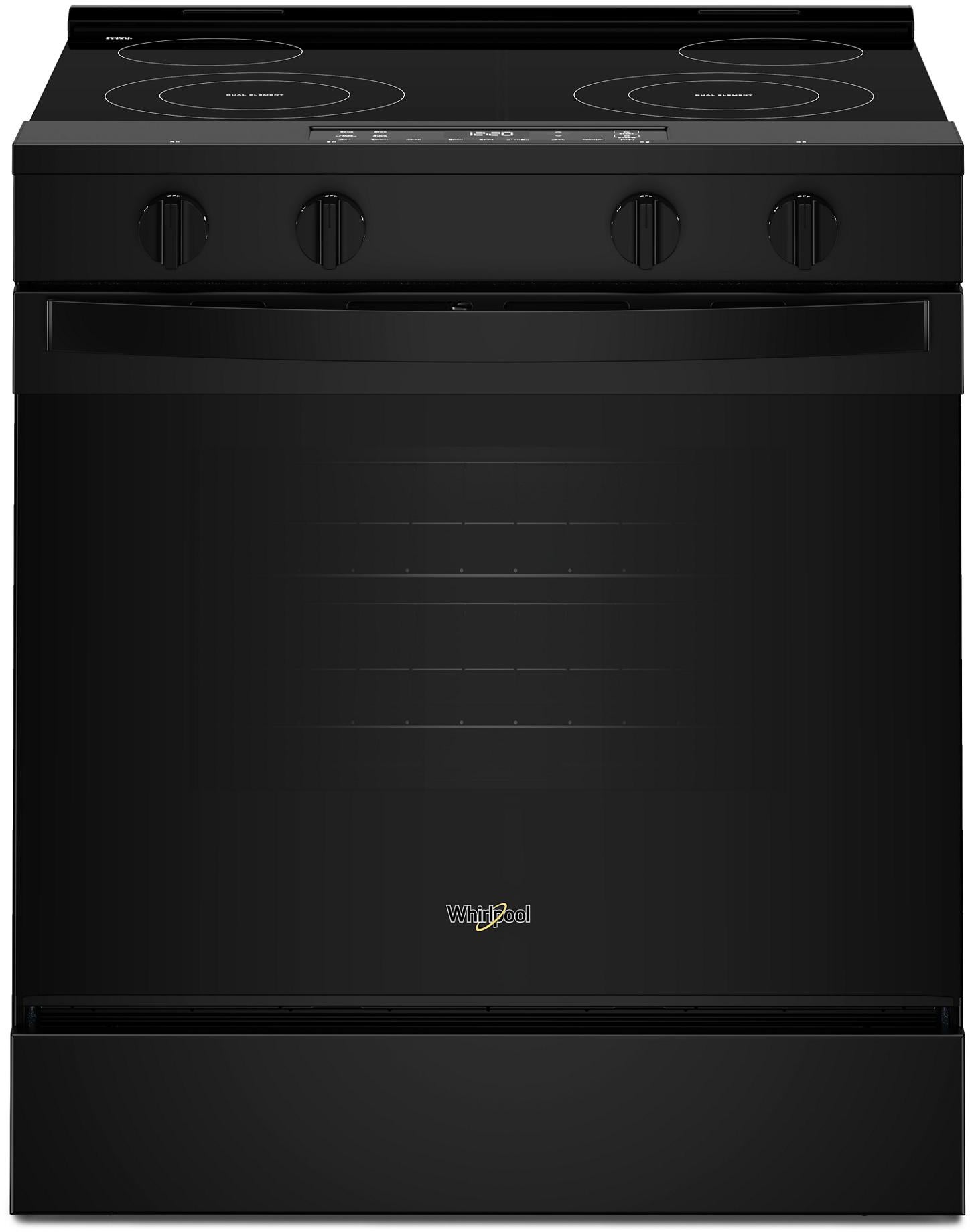 Whirlpool 30 Inch Slide-In Electric Range with 4 Radiant Elements, 5.3 cu. ft. Oven Capacity, FlexHeat™ Dual Elements, Storage Drawer, Self+Steam Clean, ADA Compliant, and ENERGY STAR®: Black