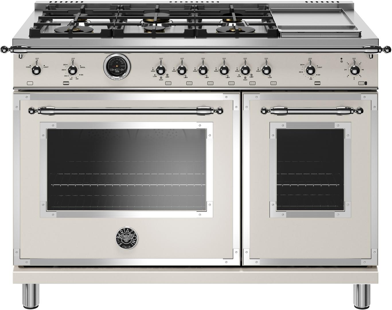 Bertazzoni Heritage Series 48" Ivory Gloss Dual Fuel (Natural Gas) Sealed Burner Double Oven Range with Griddle & Self Clean - Convection