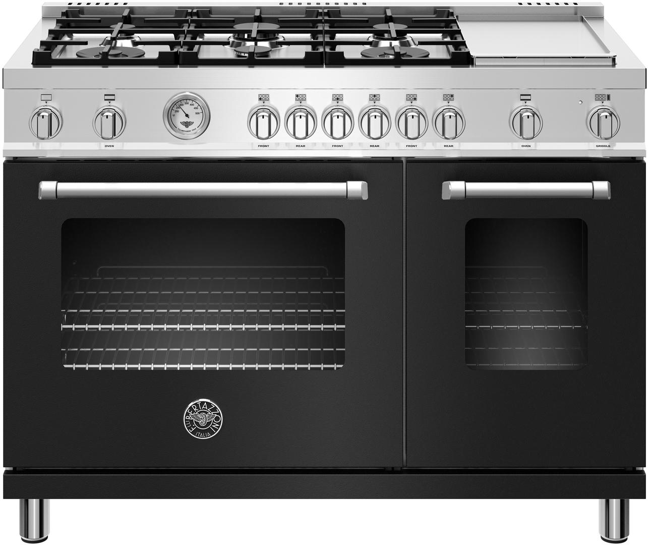 Bertazzoni MAST486GGASNEELP Master Series 48 Inch Matte Black Gas Convection Double Oven Freestanding Range