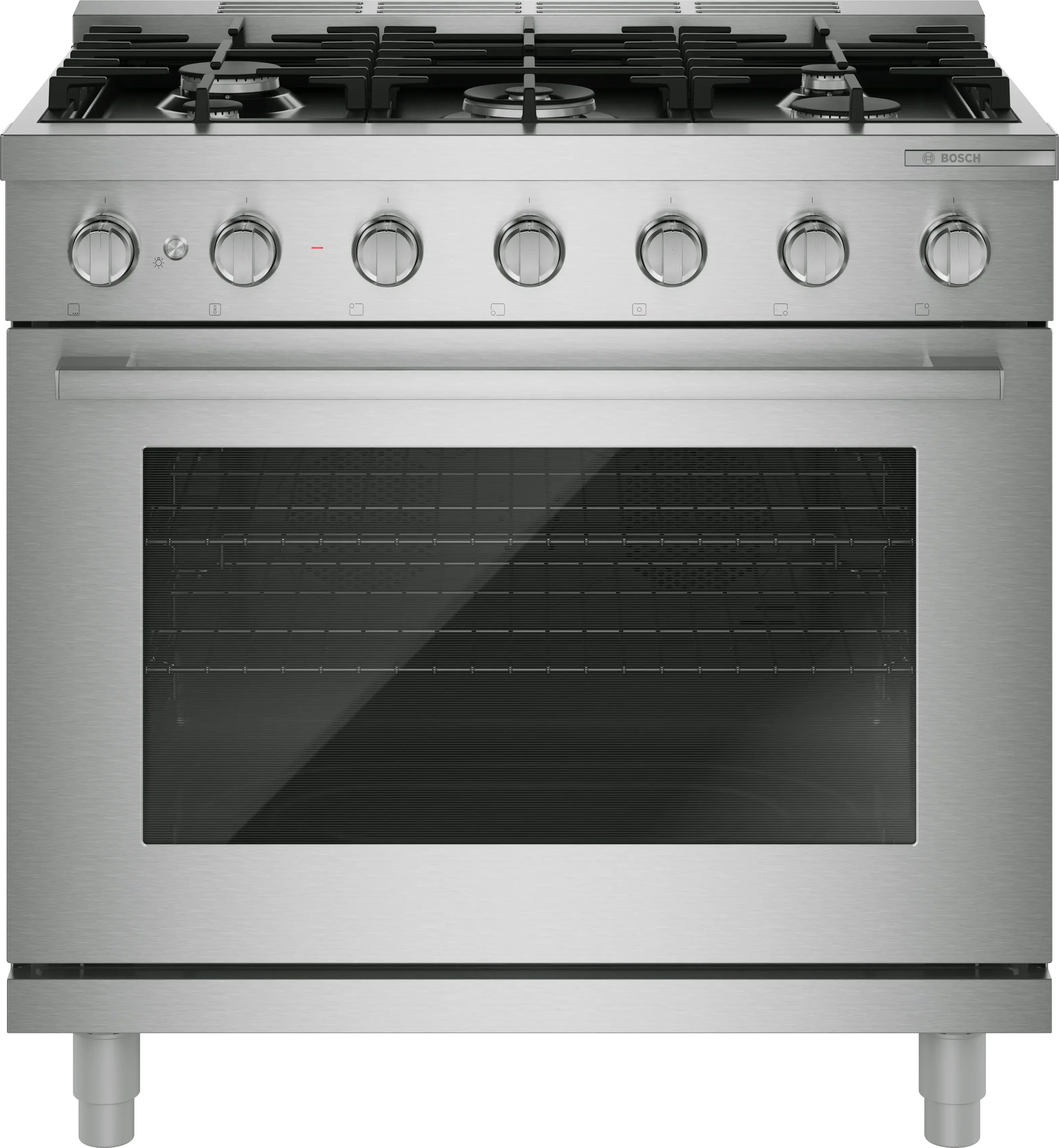Bosch 36 Inch Freestanding Gas Range with 5 Sealed Burners, 5.6 cu. ft. Oven Capacity, Continuous Cast Iron Grates, Dishwasher-Safe Grates, Broil Mode, Even Cooking, Oven Preheat Light, Industrial-Chic Design, and ADA Compliant: Stainless Steel