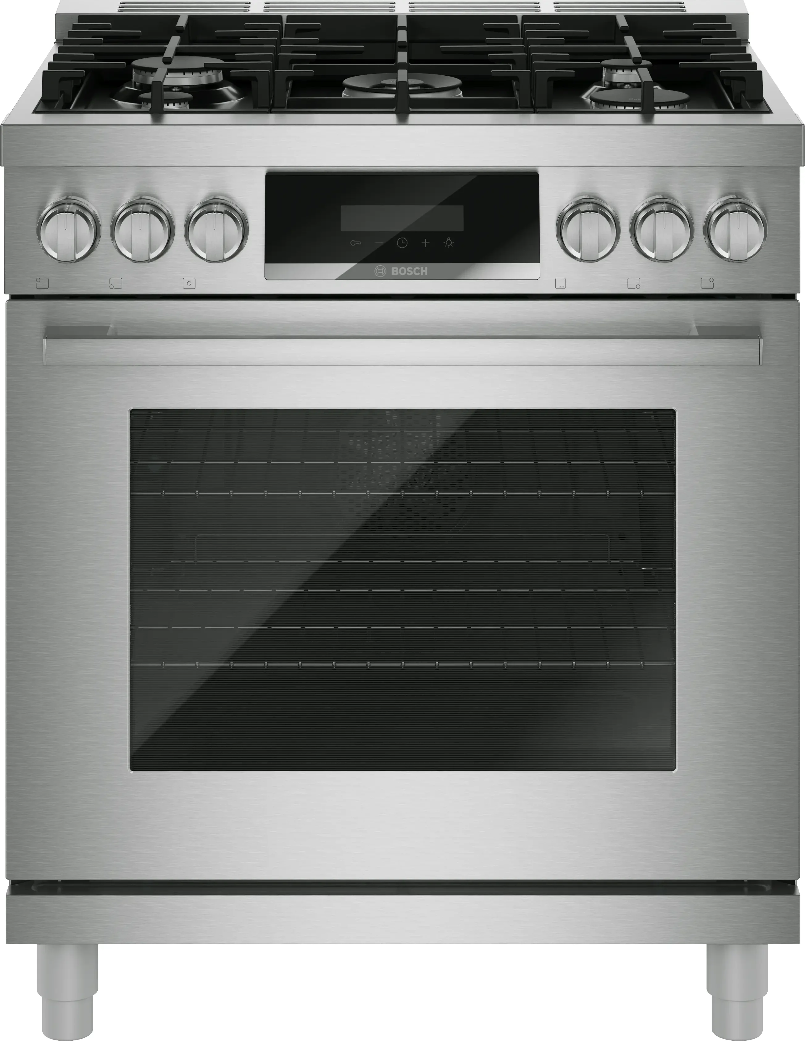 Bosch 30 Inch Freestanding Gas Range with 5 Sealed Burners, 4.9 cu. ft. Oven Capacity, Continuous Cast Iron Grates, Dishwasher-Safe Grates, QuietClose® Door, Broil Mode, Even Cooking, Illuminated Knobs, Kitchen Timer, and ADA Compliant: Stainless Steel