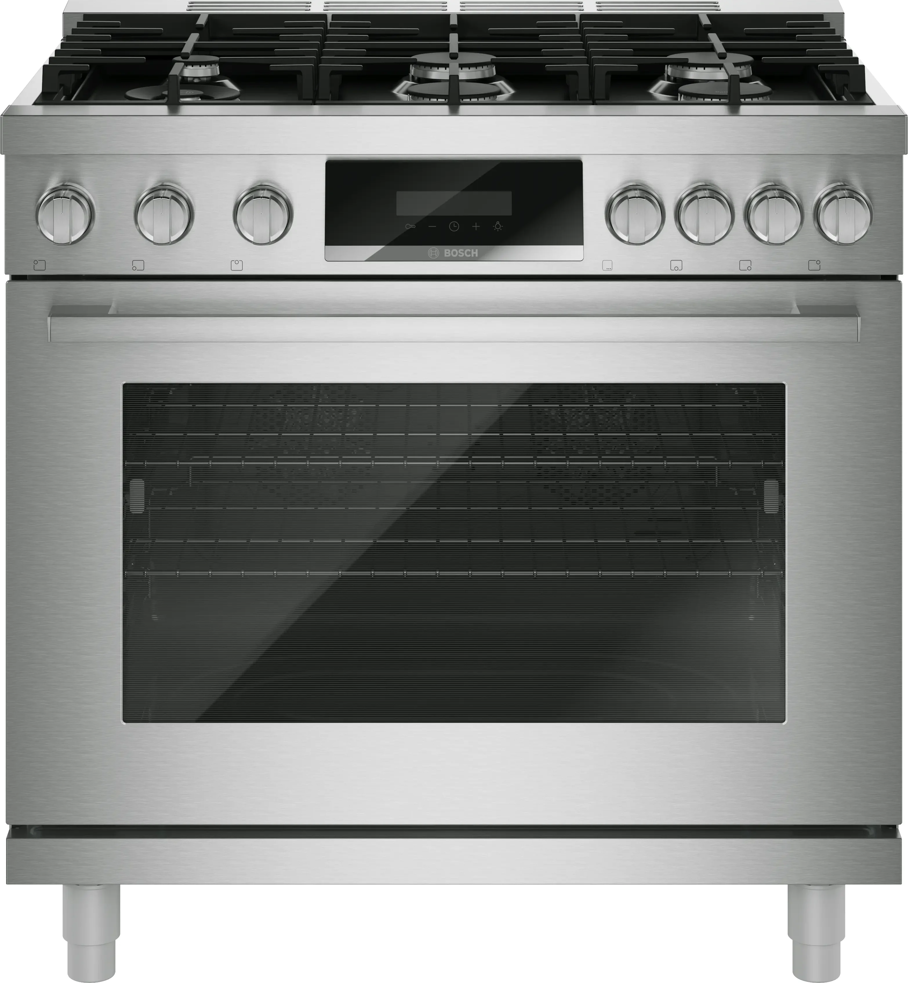 Bosch 36 Inch Freestanding Gas Range with 6 Sealed Burners, 5.6 cu. ft. Oven Capacity, Continuous Cast Iron Grates, Dishwasher Safe Grates, Illuminated Knobs, QuietClose®, Telescopic Rack, Third Heating Element, Broil Mode, and ADA Compliant: Stainless Steel
