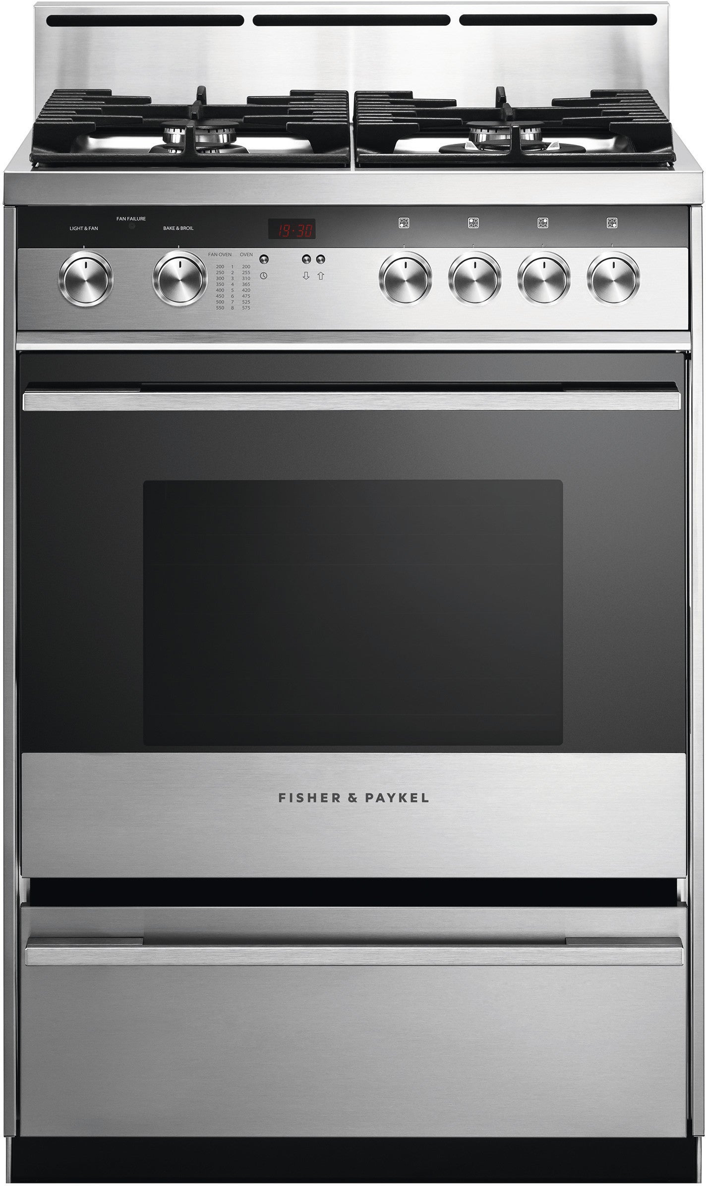 Fisher Paykel Contemporary 24" Brushed Stainless Steel with Black Glass Sealed Natural Gas Sealed Burner Range - Convection