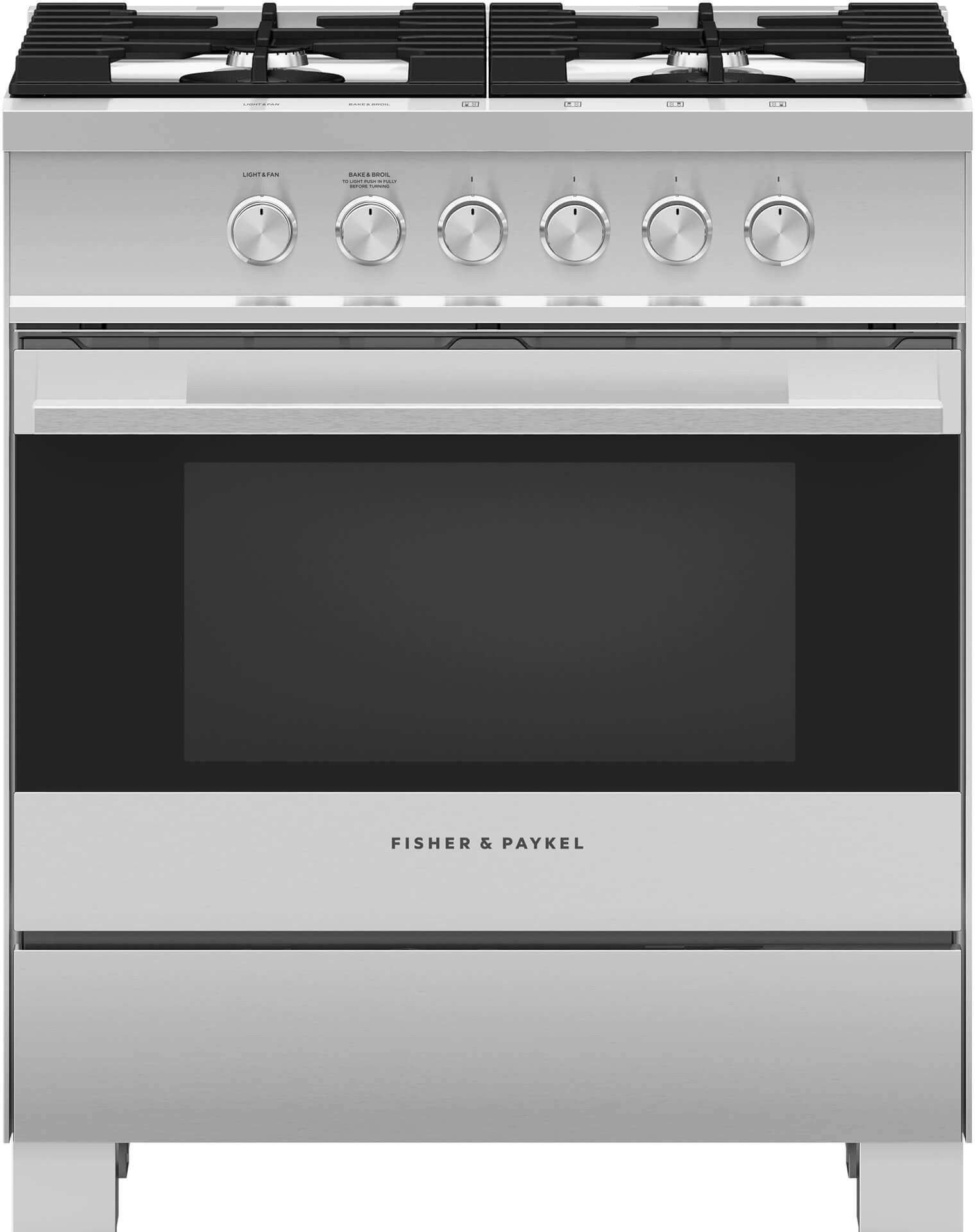 Fisher Paykel OR30SDG4X1 Contemporary Series 30 Inch Brushed Stainless Steel with Black Glass Gas Convection Freestanding Range