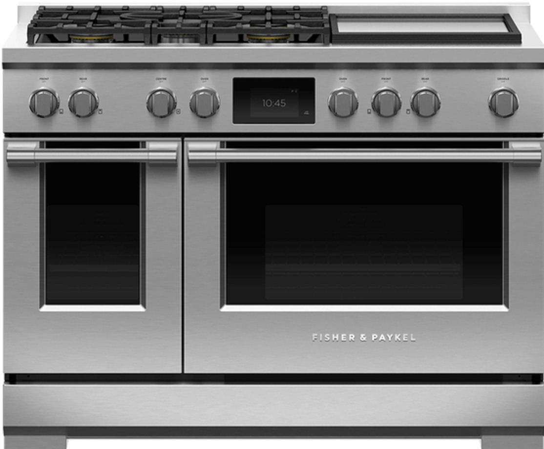 Fisher Paykel Series 9 Professional 48" Stainless Steel Dual Fuel (Natural Gas) Self Clean Double Oven Sealed 5-burner Range with Griddle - Convection