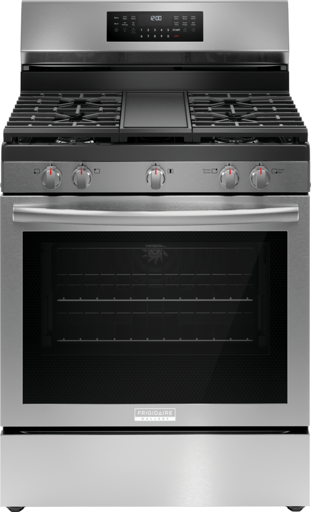 Frigidaire 30 Inch Freestanding Gas Range with 5 Sealed Burners, 5.1 cu. ft. Convection Oven, Quick Boil Burner, Griddle, Storage Drawer, No Preheat + Air Fry, and Self Clean: Stainless Steel