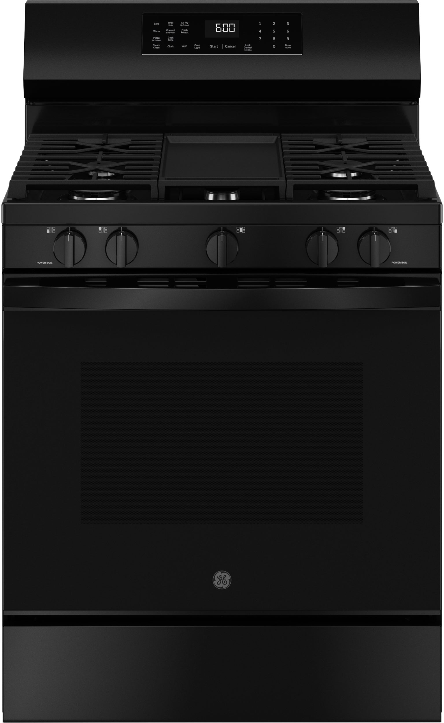 30 Inch Free Standing Gas Range 5 Burners Steam Clean Aluminum Griddle Single Oven: Black