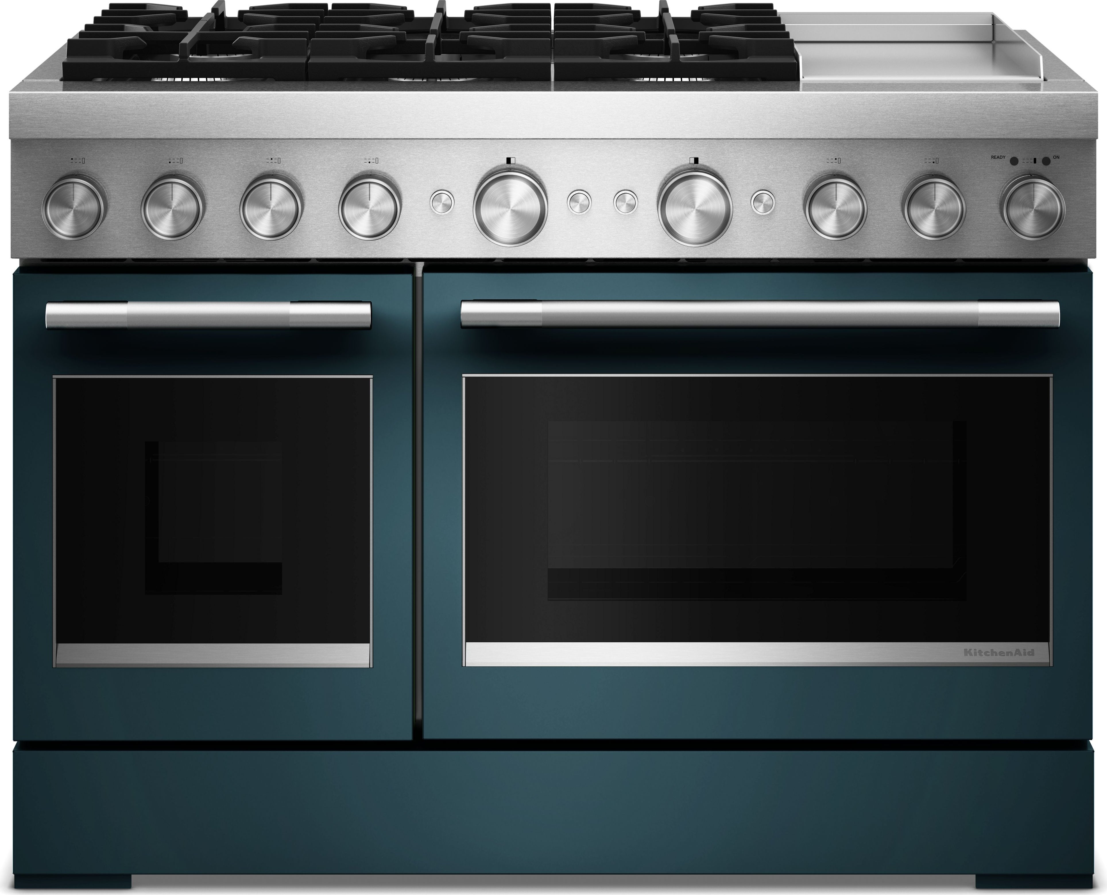 KitchenAid 48 Freestanding Dual Fuel Range with 6 Sealed Burners, Double Oven, 6.3 Cu. Ft. Total Capacity, Integrated Chrome Electric Griddle, Convertible Grates, Self-Clean, Even-Heat™ True Convection, Flame-Sensing™ Re-ignition, SatinGlide® Rack, Ultra Power™ Dual-Flame Burners, Sabbath Mode and Star-K Certified: Agave