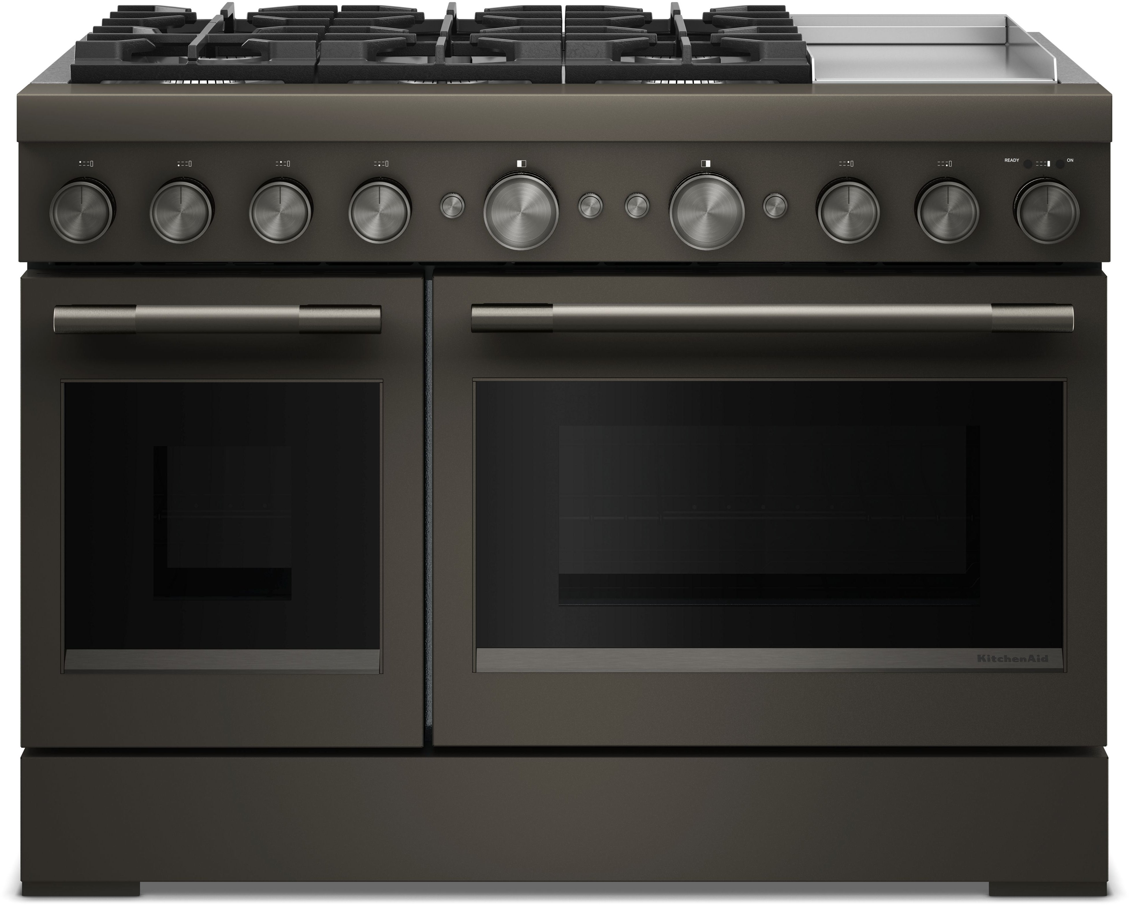 KitchenAid 48 Freestanding Dual Fuel Range with 6 Sealed Burners, Double Oven, 6.3 Cu. Ft. Total Capacity, Integrated Chrome Electric Griddle, Convertible Grates, Self-Clean, Even-Heat™ True Convection, Flame-Sensing™ Re-ignition, SatinGlide® Rack, Ultra Power™ Dual-Flame Burners, Sabbath Mode and Star-K Certified: Black Ore