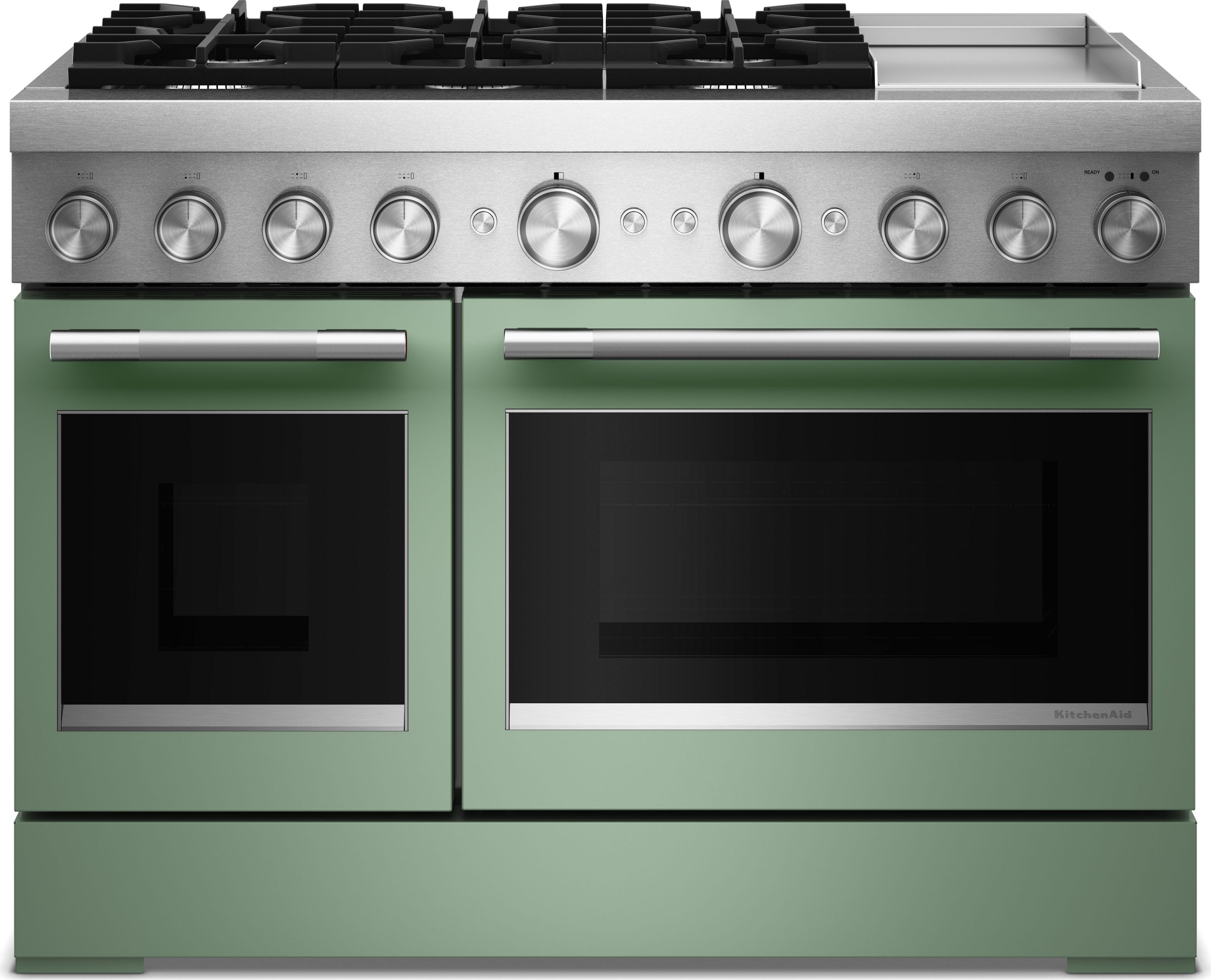 KitchenAid 48 Freestanding Dual Fuel Range with 6 Sealed Burners, Double Oven, 6.3 Cu. Ft. Total Capacity, Integrated Chrome Electric Griddle, Convertible Grates, Self-Clean, Even-Heat™ True Convection, Flame-Sensing™ Re-ignition, SatinGlide® Rack, Ultra Power™ Dual-Flame Burners, Sabbath Mode and Star-K Certified: Cardamom