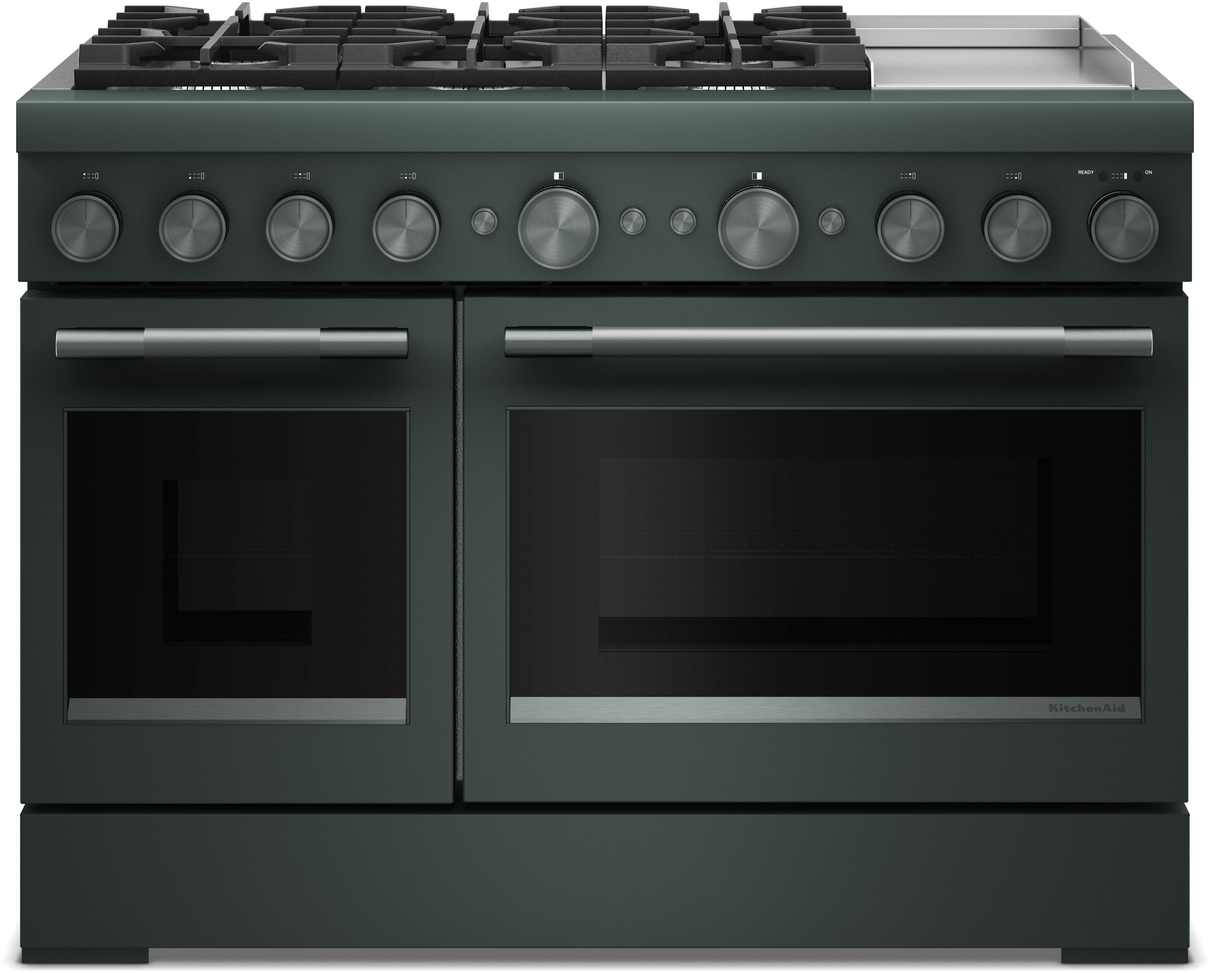 KitchenAid 48 Freestanding Dual Fuel Range with 6 Sealed Burners, Double Oven, 6.3 Cu. Ft. Total Capacity, Integrated Chrome Electric Griddle, Convertible Grates, Self-Clean, Even-Heat™ True Convection, Flame-Sensing™ Re-ignition, SatinGlide® Rack, Ultra Power™ Dual-Flame Burners, Sabbath Mode and Star-K Certified: Juniper