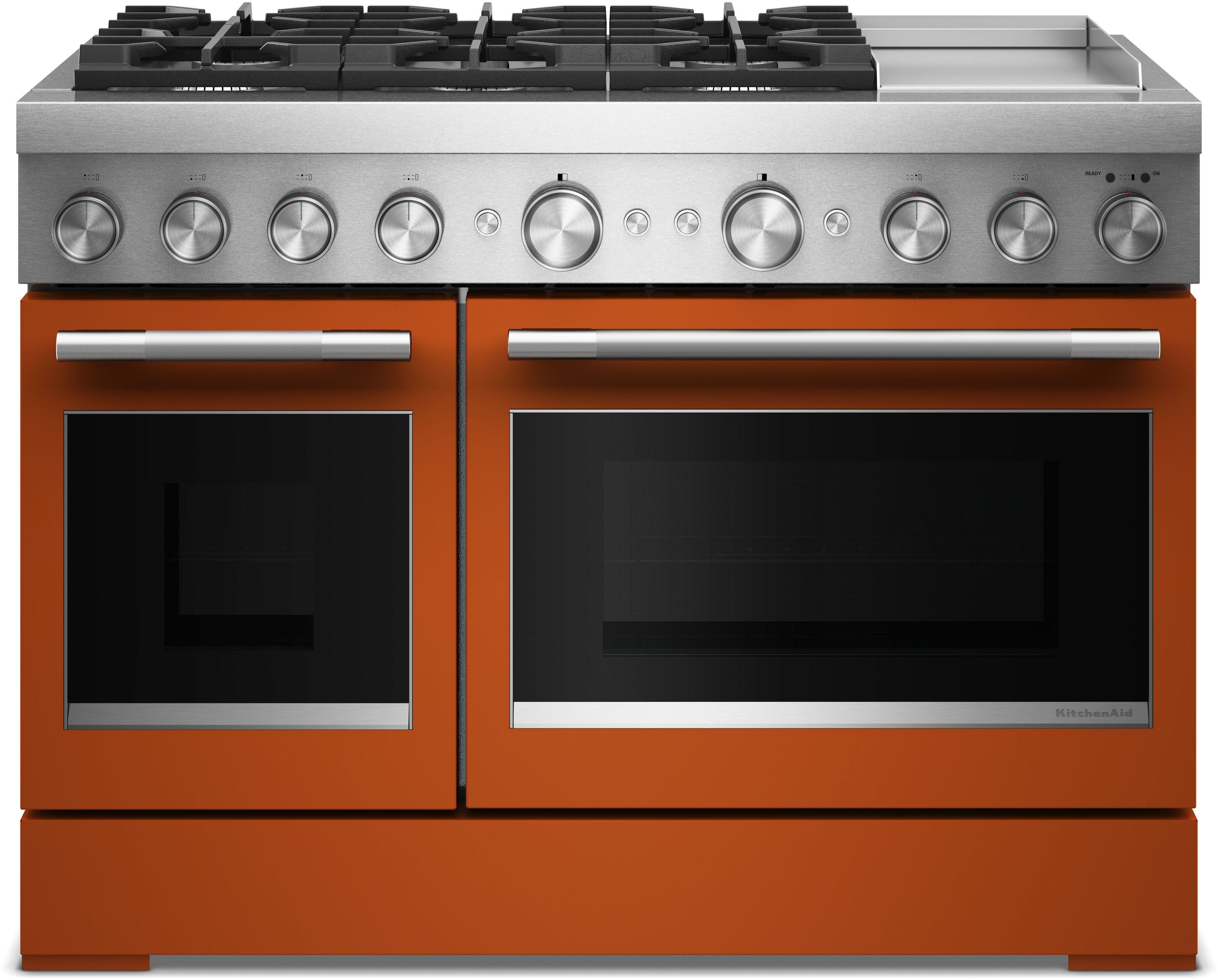 KitchenAid 48 Freestanding Dual Fuel Range with 6 Sealed Burners, Double Oven, 6.3 Cu. Ft. Total Capacity, Integrated Chrome Electric Griddle, Convertible Grates, Self-Clean, Even-Heat™ True Convection, Flame-Sensing™ Re-ignition, SatinGlide® Rack, Ultra Power™ Dual-Flame Burners, Sabbath Mode and Star-K Certified: Scorched Orange