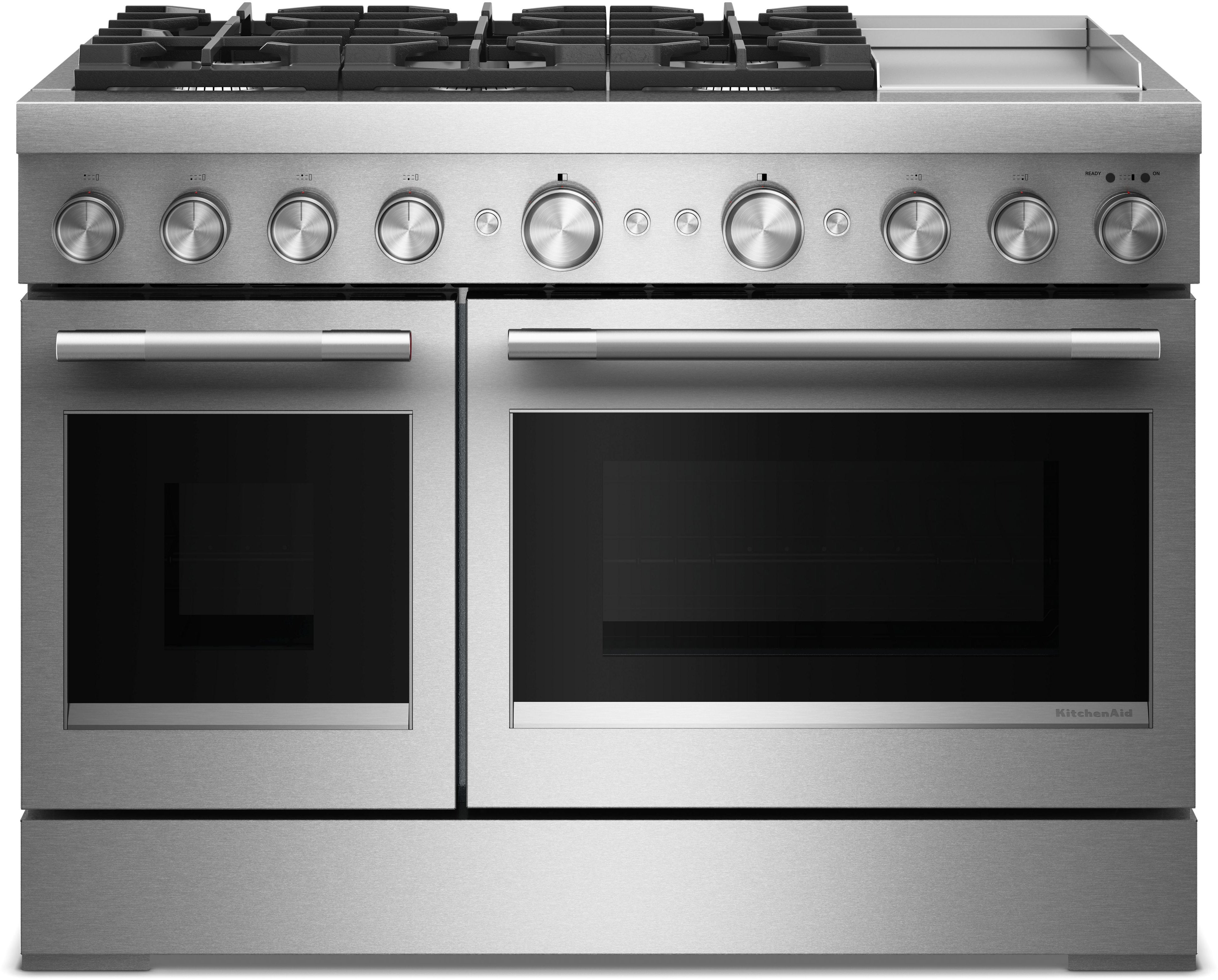 KitchenAid 48 Freestanding Dual Fuel Range with 6 Sealed Burners, Double Oven, 6.3 Cu. Ft. Total Capacity, Integrated Chrome Electric Griddle, Convertible Grates, Self-Clean, Even-Heat™ True Convection, Flame-Sensing™ Re-ignition, SatinGlide® Rack, Ultra Power™ Dual-Flame Burners, Sabbath Mode and Star-K Certified: Stainless Steel