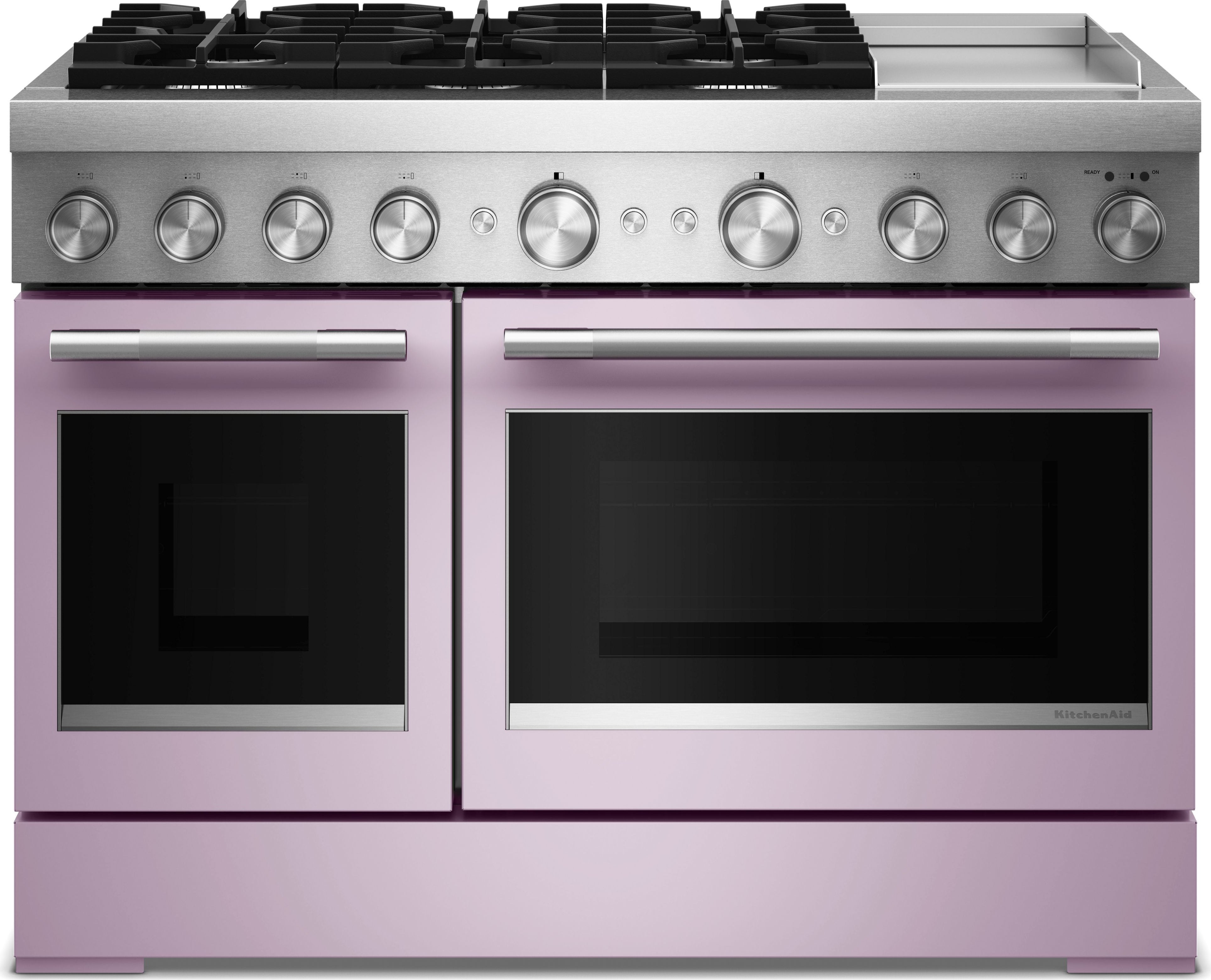 KitchenAid 48 Freestanding Dual Fuel Range with 6 Sealed Burners, Double Oven, 6.3 Cu. Ft. Total Capacity, Integrated Chrome Electric Griddle, Convertible Grates, Self-Clean, Even-Heat™ True Convection, Flame-Sensing™ Re-ignition, SatinGlide® Rack, Ultra Power™ Dual-Flame Burners, Sabbath Mode and Star-K Certified: Wildflower
