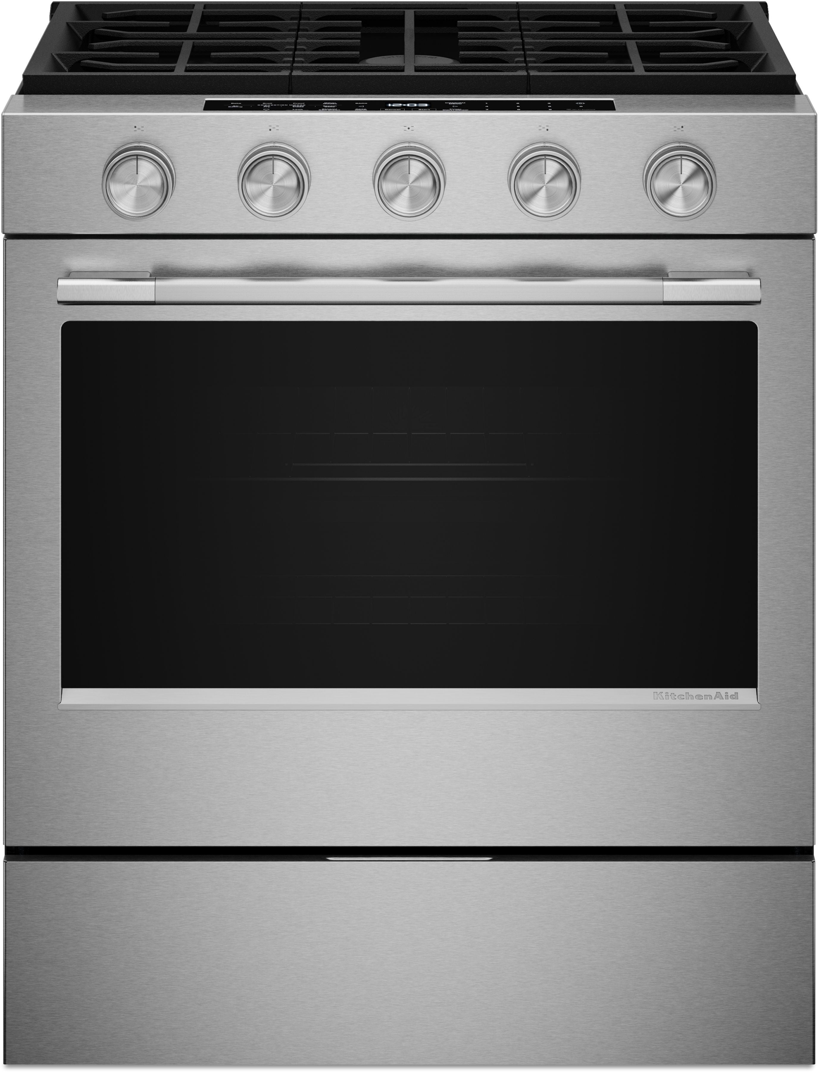KitchenAid 5.0 Cu. Ft. Smart Slide-in Gas Range with Convection Cooking Modes and 2-in-1 Burner: Stainless Steel