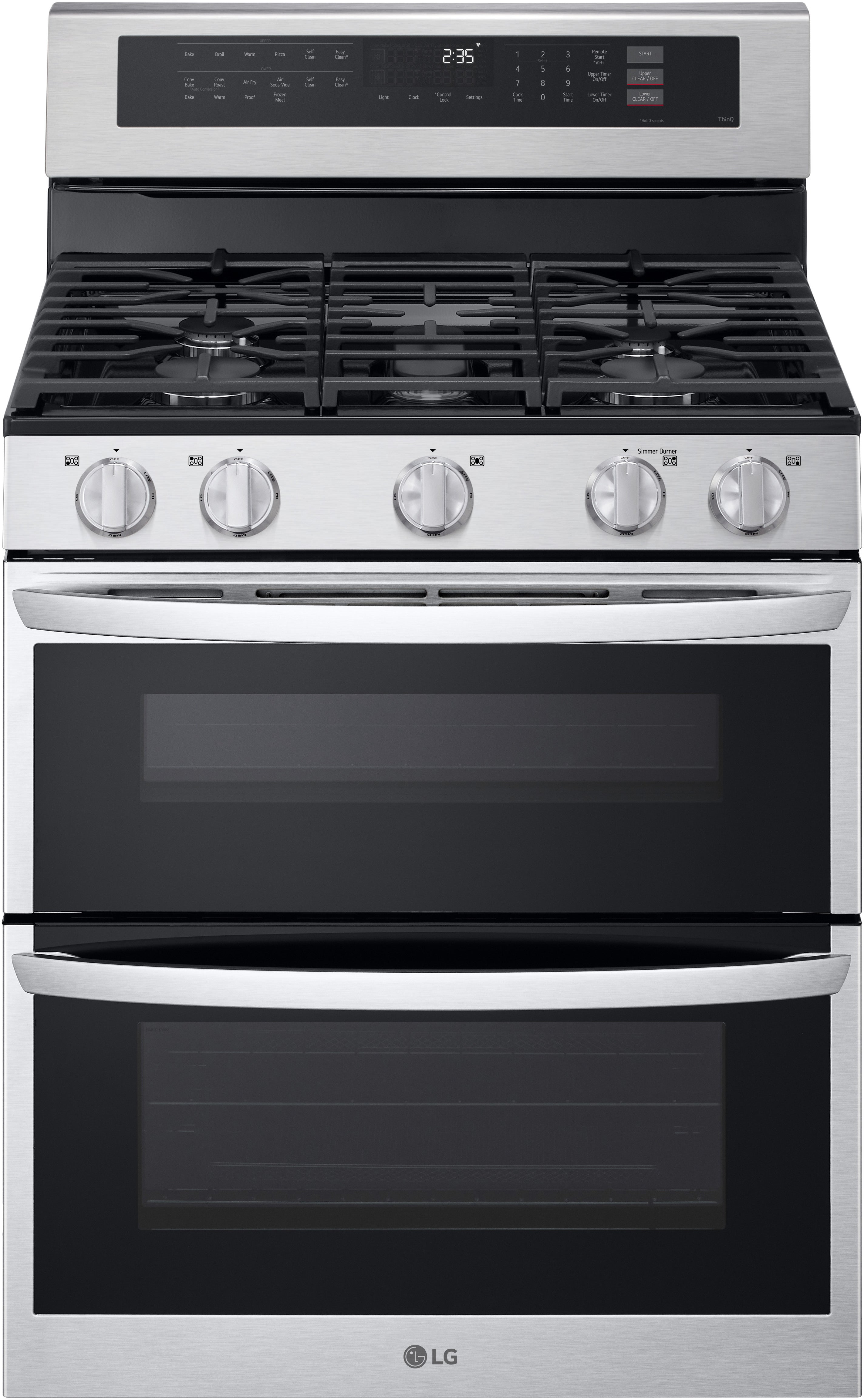 LG 30 Inch Double Gas Oven Range with 5 Sealed Burners, 6.9 cu. ft. Total Capacity, ProBake Convection, Air Fry, Delay Bake, EasyClean, SmoothTouch® Glass Controls, UltraHeat Power Element, and ENERGY STAR® Certified: Stainless Steel