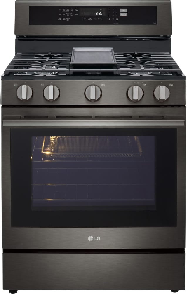 LG 30 Inch Freestanding Smart Gas Range with 5 Sealed Burners, 6.3 cu. ft. ProBake Convection® Oven, UltraHeat™ Burner, Storage Drawer, Air Fry, Sabbath Mode, InstaView®, and EasyClean®: Black Stainless Steel