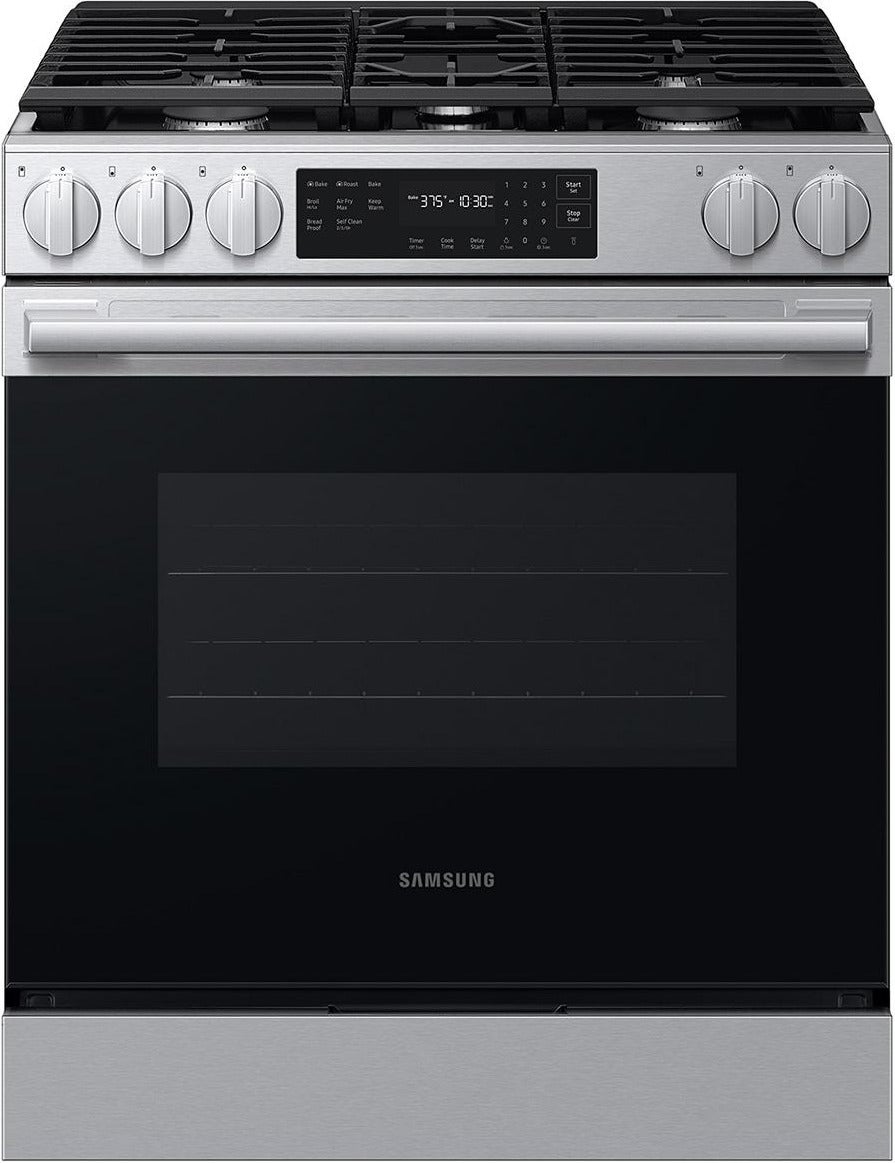 Samsung 30 Inch Slide-In Gas Smart Range with 5 Sealed Burners, 6.0 cu. ft. Convection Oven, 17K BTU Power Burner, Griddle, Storage Drawer, No-Preheat Air Fry Max, Self Clean, and ADA Compliant: Stainless Steel