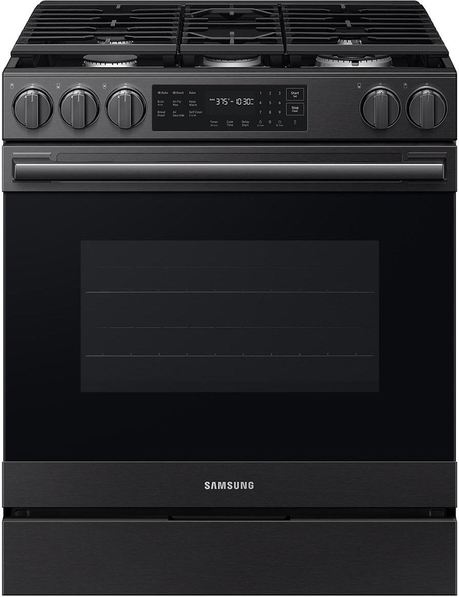 Samsung 30 Inch Slide-In Gas Smart Range with 5 Sealed Burners, 6.0 cu. ft. True Convection Oven, 18K BTU Dual Ring Burner, Griddle, Storage Drawer, No-Preheat Air Fry Max, Self Clean, and ADA Compliant: Matte Black Steel