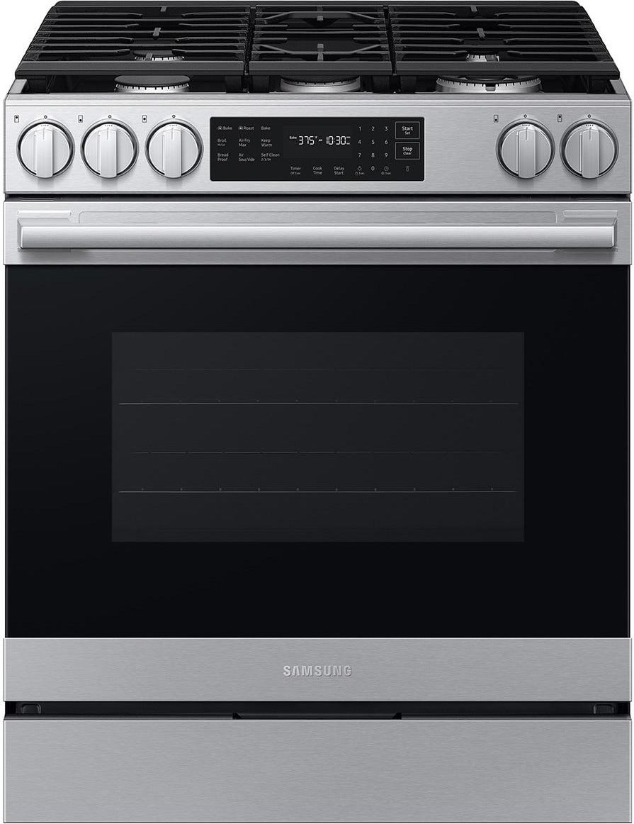 Samsung 30 Inch Slide-In Gas Smart Range with 5 Sealed Burners, 6.0 cu. ft. True Convection Oven, 18K BTU Dual Ring Burner, Griddle, Storage Drawer, No-Preheat Air Fry Max, Self Clean, and ADA Compliant: Stainless Steel