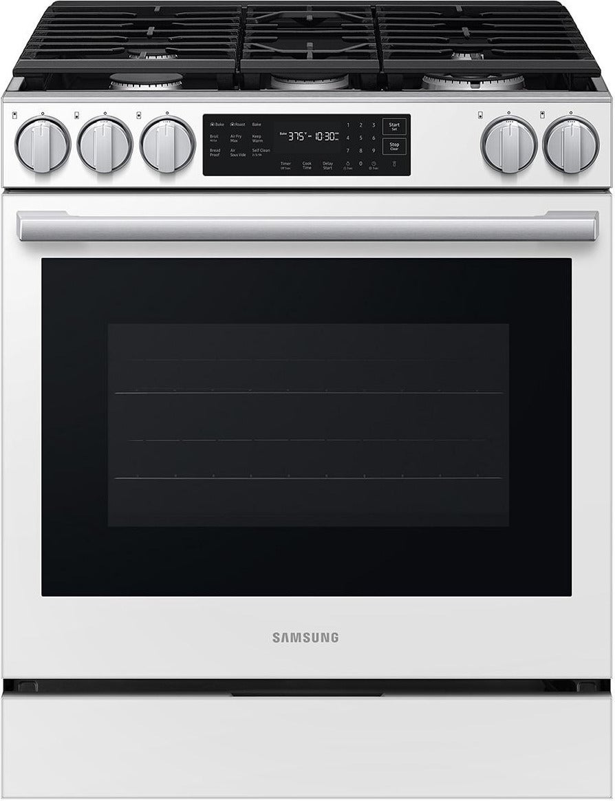 Samsung 30 Inch Slide-In Gas Smart Range with 5 Sealed Burners, 6.0 cu. ft. True Convection Oven, 18K BTU Dual Ring Burner, Griddle, Storage Drawer, No-Preheat Air Fry Max, Self Clean, and ADA Compliant: White Glass