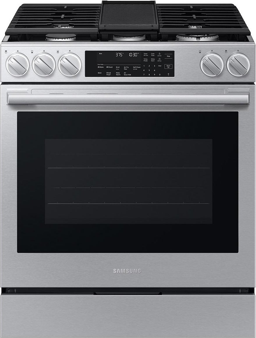 Samsung 30 Inch Slide-In Gas Smart Range with 5 Sealed Burners, 6.0 cu. ft. True Convection Oven, 23K BTU Dual Ring Burner, Reversible Griddle, Storage Drawer, No-Preheat Air Fry Max, Self Clean, and ADA Compliant: Stainless Steel