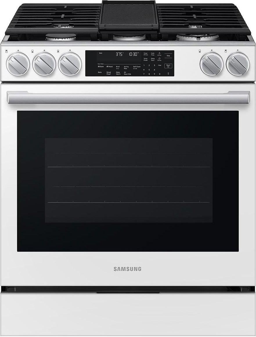 Samsung 30 Inch Slide-In Gas Smart Range with 5 Sealed Burners, 6.0 cu. ft. True Convection Oven, 23K BTU Dual Ring Burner, Reversible Griddle, Storage Drawer, No-Preheat Air Fry Max, Self Clean, and ADA Compliant: White Glass