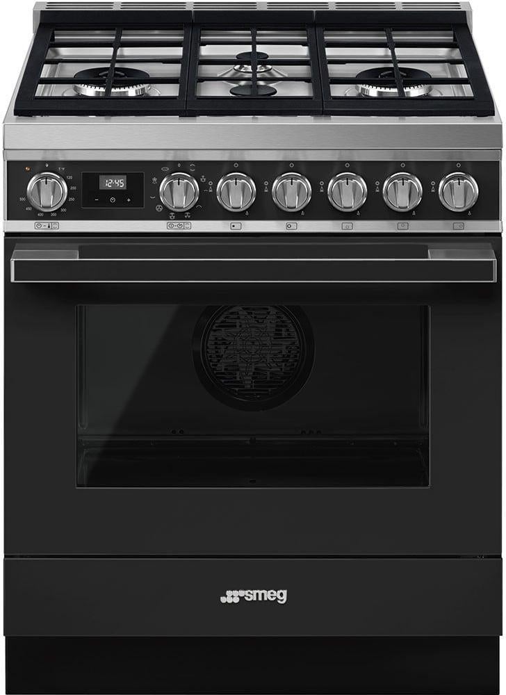 Smeg Portofino 30" Matte Black Freestanding Dual Fuel Natural Gas Sealed Burner Range
