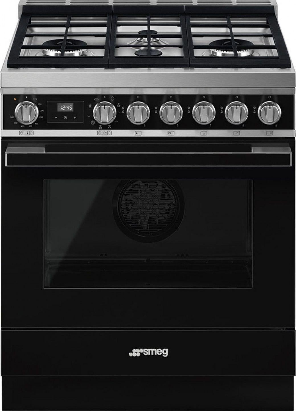 Smeg Portofino 30" Black Freestanding Dual Fuel Natural Gas Sealed Burner Range