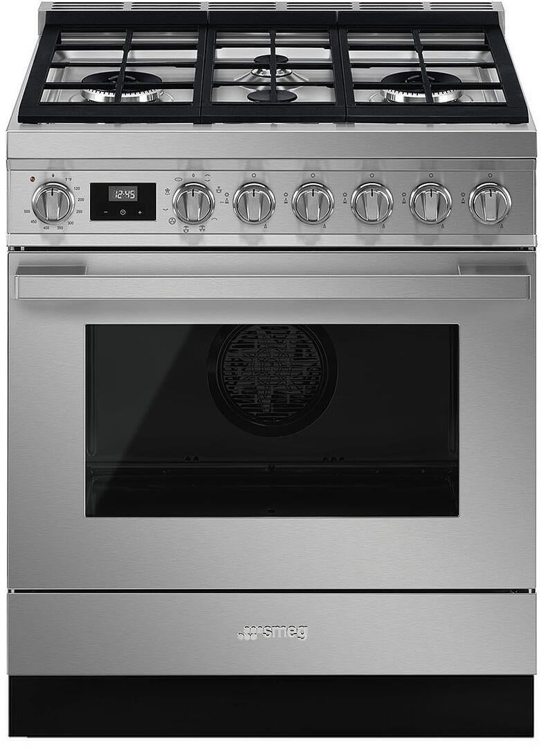 Smeg Portofino 30" Stainless Steel Freestanding Dual Fuel Natural Gas Sealed Burner Range