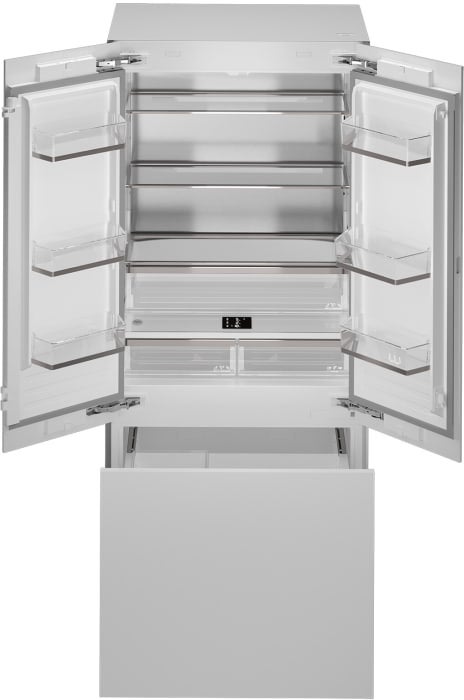 Bertazzoni 36 Inch Panel Ready Counter Depth Built-In French Door Refrigerator with 19.6 Cu. Ft. Total Capacity, Dual Cooling Shield System, Automatic Ice Maker, Internal Water Dispenser, Water Filtered, Digital LED Touch Controls, Sabbath Mode, ADA Compliant, and Energy Star: Stainless Steel