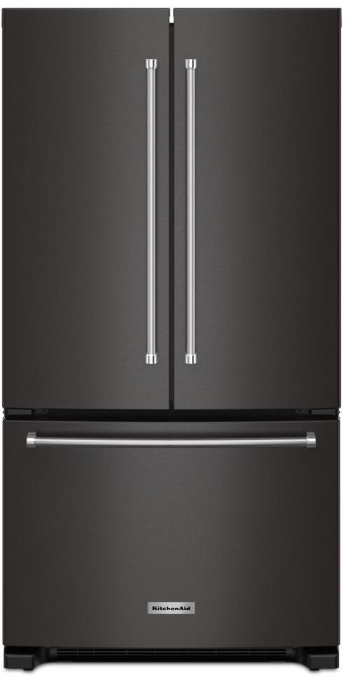 KitchenAid 36 Inch Freestanding Counter-Depth French Door Refrigerator with 20 Cu. Ft. Total Capacity, Interior Water Dispenser, Ice Maker, Spill-Resistant Framed Shelves, Wood-Look Nesting Shelf, Ultra-Bright LED Lighting, ExtendFresh? Temperature Management System and ENERGY STAR Certified: Black Stainless Steel with PrintShield Finish