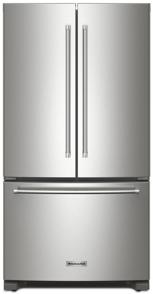 KitchenAid 36 Inch Freestanding Counter-Depth French Door Refrigerator with 20 Cu. Ft. Total Capacity, Interior Water Dispenser, Ice Maker, Spill-Resistant Framed Shelves, Wood-Look Nesting Shelf, Ultra-Bright LED Lighting, ExtendFresh? Temperature Management System and ENERGY STAR Certified: PrintShield? Stainless Steel