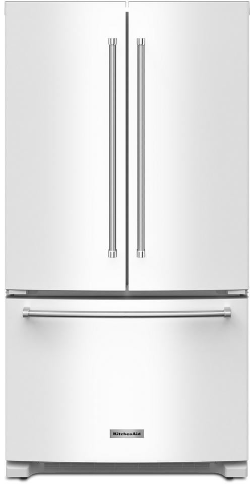 KitchenAid 36 Inch Freestanding Counter-Depth French Door Refrigerator with 20 Cu. Ft. Total Capacity, Interior Water Dispenser, Ice Maker, Spill-Resistant Framed Shelves, Wood-Look Nesting Shelf, Ultra-Bright LED Lighting, ExtendFresh™ Temperature Management System and ENERGY STAR® Certified: White