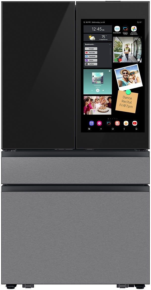 Samsung 36 Inch Smart Counter-Depth 4-Door French Door Refrigerator with 22.5 cu. ft. Capacity, Beverage Center™, FlexZone™ Drawer, Family Hub™+, Wi-Fi Enabled, Dual Ice Maker, Door Alarm, Auto Open Door, Slide-In Shelf, and ENERGY STAR® (Samsung Panels Required): Charcoal Glass/ Stainless Steel