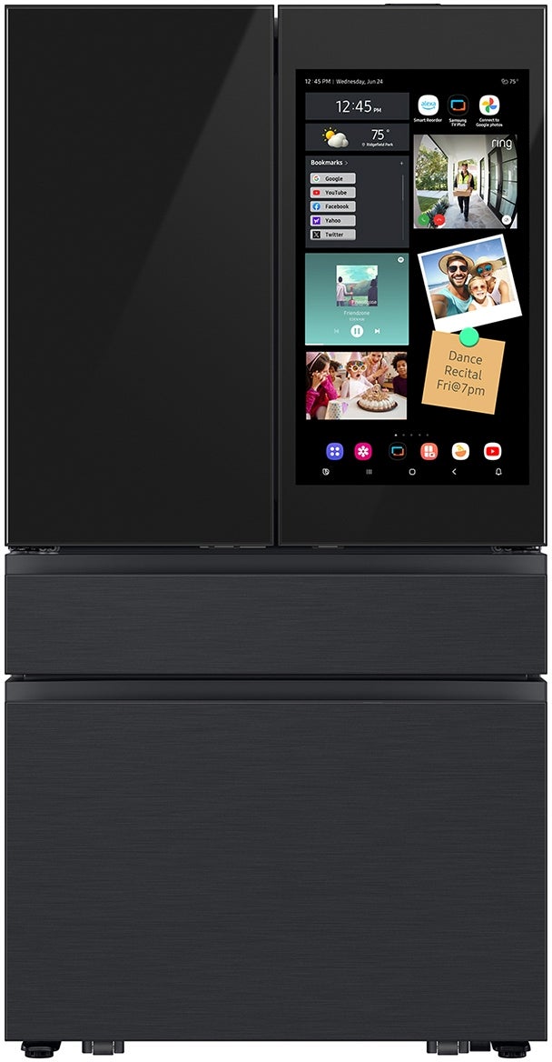 Samsung 36 Inch Smart 4-Door French Door Refrigerator with 28.6 cu. ft. Capacity, Beverage Center™, FlexZone™ Drawer, Family Hub™+, Wi-Fi Enabled, Dual Ice Maker, Door Alarm, Auto Open Door, Slide-In Shelf, and ENERGY STAR® (Samsung Panels Required): Charcoal/black