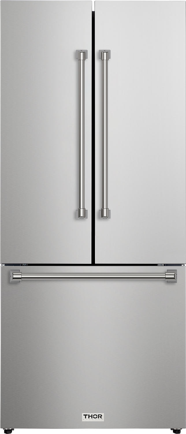 Thor 30 Inch 17.7 Cu Ft French Door Counter Depth Refrigerator With Ice Maker In Stainless Steel, Fast Freezing And Fast Cooling, Multi-Flow Air System, Inverter Compressor, Electronic Touch Control, Control Panel Lock, Door Opening Alarm, Interior Led Lights, Full-Width Adjustable Shelves, Vacation Mode: Stainless Steel