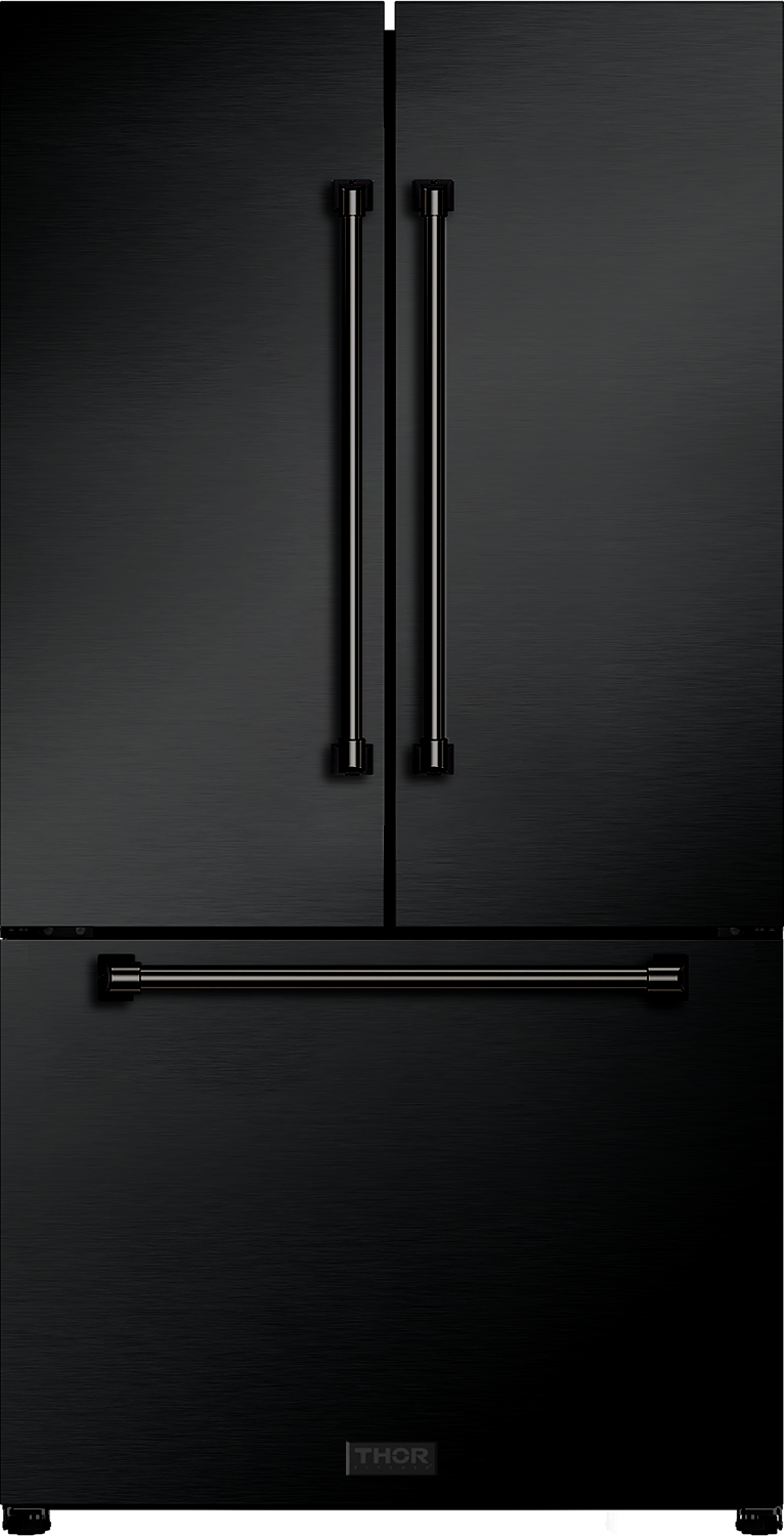 Thor 36 Inch 20.3 Cu Ft French Door Counter Depth Refrigerator With Ice Maker In Stainless Steel, Fast Freezing And Fast Cooling, Multi-Flow Air System, Inverter Compressor, Electronic Touch Control, Control Panel Lock, Door Opening Alarm, Interior Led Lights, Full-Width Adjustable Shelves, Vacation Mode: Black
