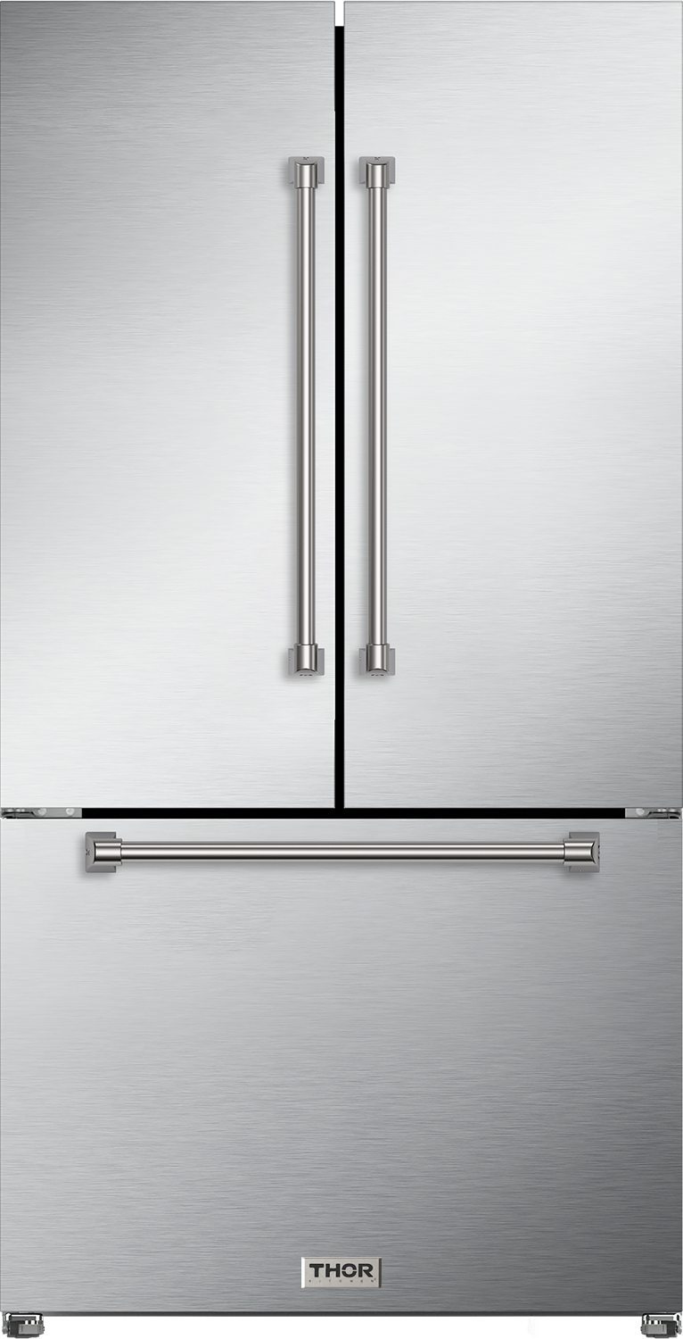Thor 36 Inch 20.3 Cu Ft French Door Counter Depth Refrigerator With Ice Maker In Stainless Steel, Fast Freezing And Fast Cooling, Multi-Flow Air System, Inverter Compressor, Electronic Touch Control, Control Panel Lock, Door Opening Alarm, Interior Led Lights, Full-Width Adjustable Shelves, Vacation Mode: Stainless Steel