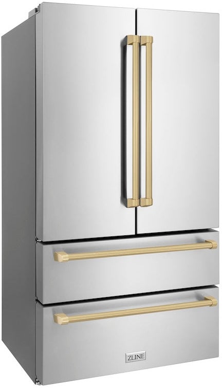 Z Line 36 Inch Autograph Edition 22.5 cu. ft Freestanding French Door Refrigerator with Ice Maker: Stainless Steel With Champagne Bronze Accents