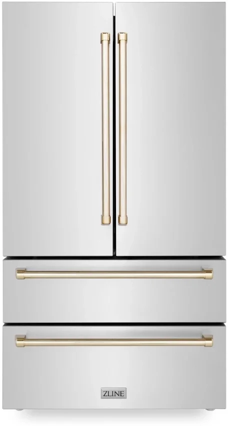 Z Line 36 Inch Autograph Edition 22.5 cu. ft Freestanding French Door Refrigerator with Ice Maker: Stainless Steel With Gold Accents
