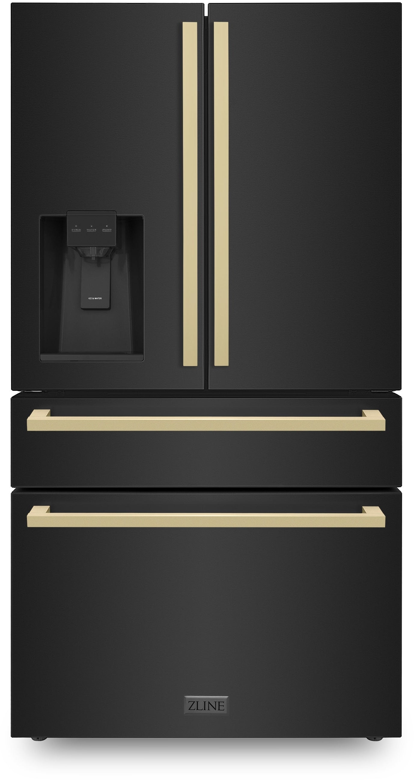 Z Line 36Inch Autograph Edition 22.5 cu. ft 4-Door French Door Refrigerator with Ice Maker: Black Stainless Steel With Champagne Bronze Square Handles