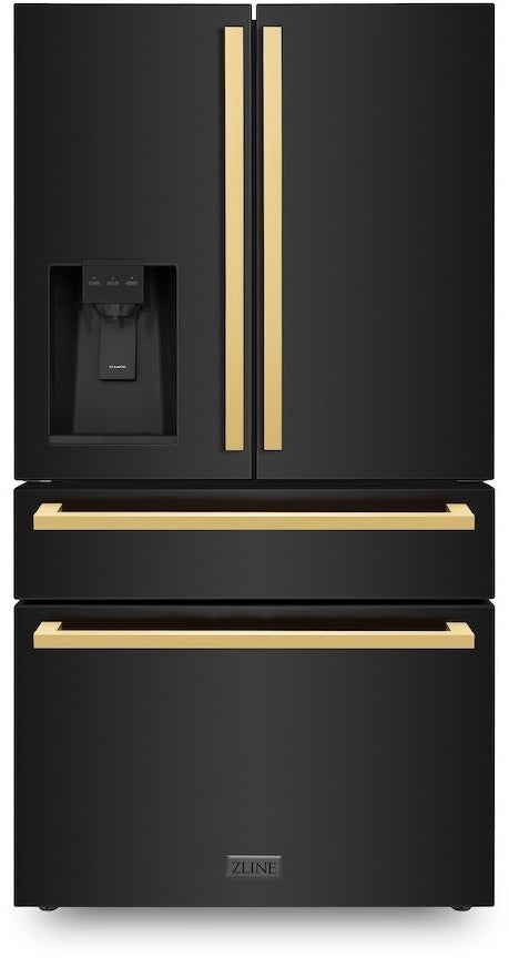 Z Line ZLINE 36 in. Autograph Edition 21.6 cu. ft 4-Door French Door Refrigerator: Black Stainless Steel With Polished Gold Square Handles
