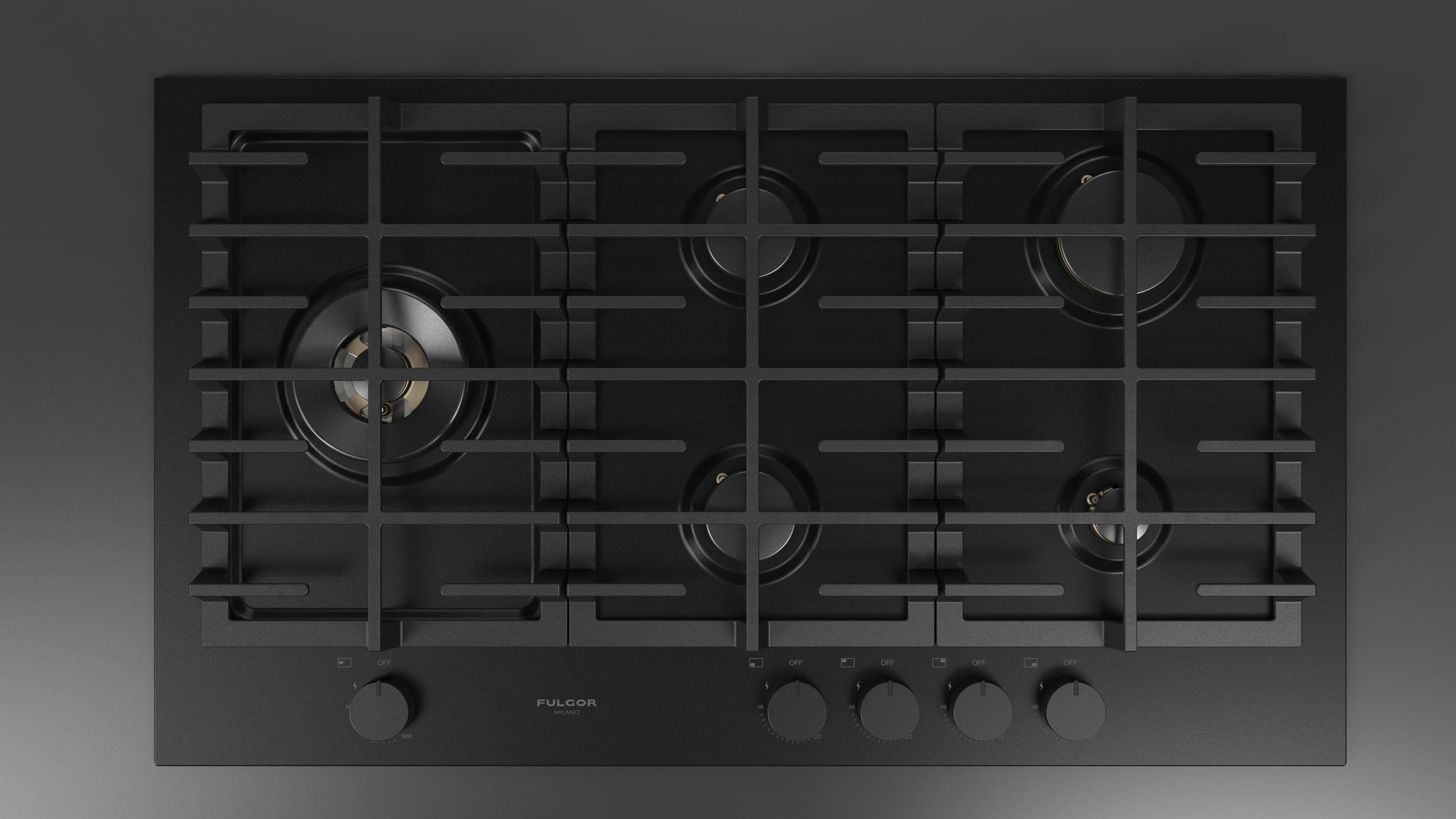 Fulgor Milano F4MEGK36MB1 36 Inch Matteo 400 Series Gas Cooktop, 5 Brass Burners, Wok Left: Matte Black