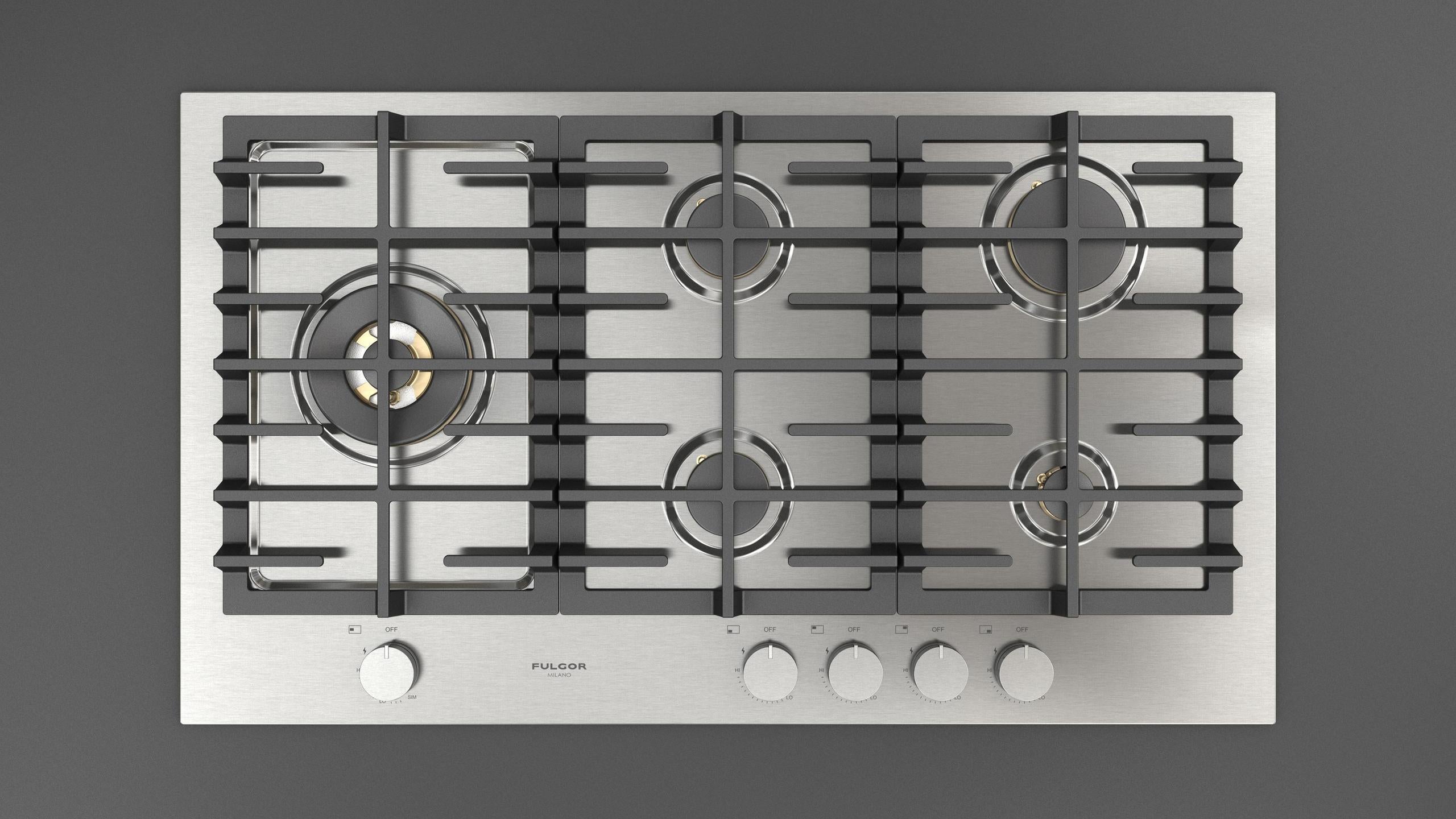 Fulgor Milano F4MEGK36S1 36 Inch Matteo 400 Series Gas Cooktop, 5 Brass Burners, Wok Left: Stainless Steel