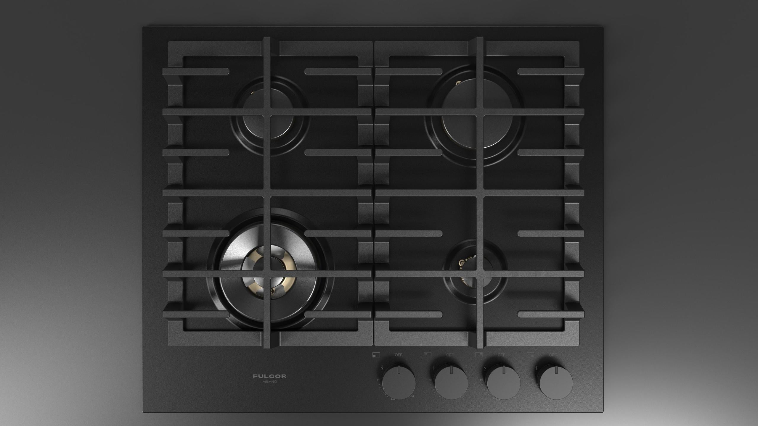 Fulgor Milano F4MGK24MB1 24 Inch Matteo 400 Series Gas Cooktop, 4 Brass Burners: Matte Matte Black